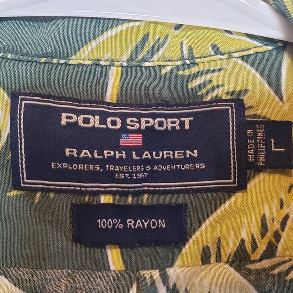 Vintage Polo Sport Hawaiian Shirt Rayon Large Palm Trees Green - Picture 5 of 7